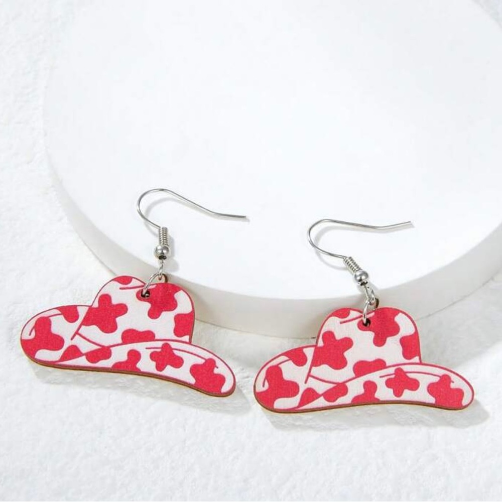 Pink cow print wooden earrings